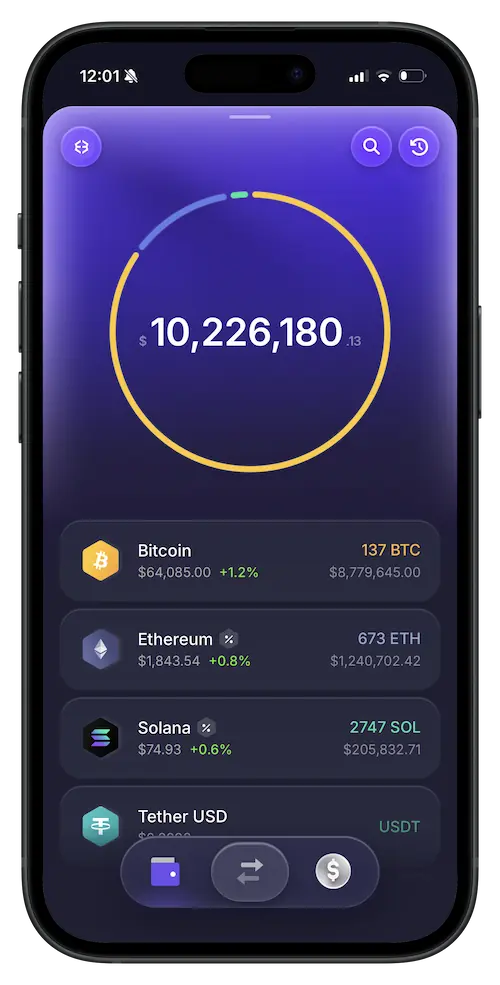 Handset render of an Exodus-inspired portfolio dashboard with invented holdings