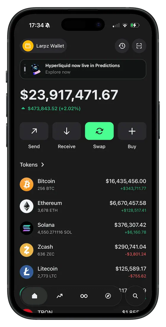 Smartphone displaying a Trust-inspired multi-chain asset list with placeholder amounts